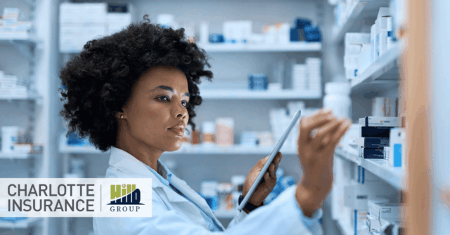 a pharmacist thinking about malpractice insurance while she pulls meds off of a shelf